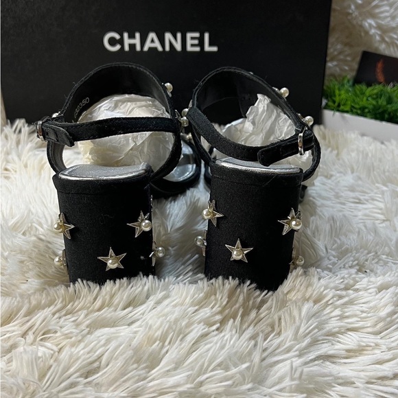 SOLD Authentic CHANEL Sandals Stars Pearls T-Strap Block Heels in black. - Picture 6 of 10